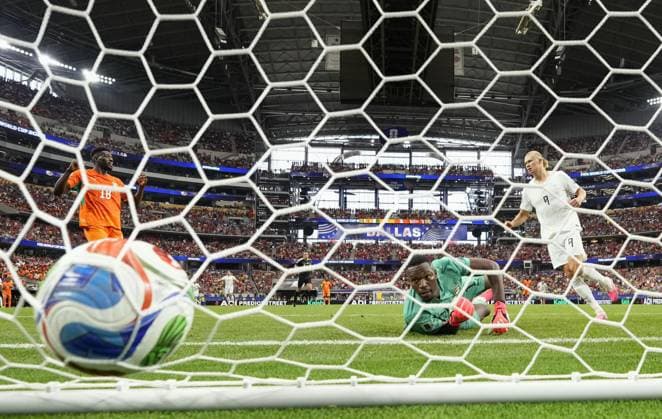 Football: 2026 World Cup Norway s Erling Haaland (9) scores the winner in the second half of a World Cup round of 32 football match against Ivory Coast at Dallas Stadium in Arlington, Texas, on June 30, 2026.  A14AA0005621030P