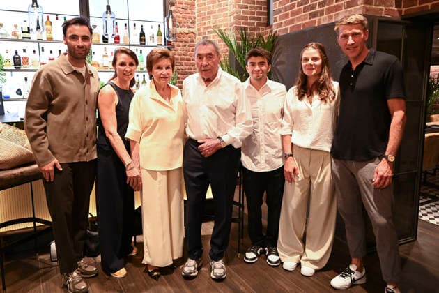 Eddy Merckx - Top Time Breitling Brussels, 30 06 2026 : Breitling pays tribute to Belgian cycling legend Eddy Merckx with a watch inspired by an era when the chronograph accompanied not only pilots and adventurers, but also road champions. Pix : Luca Masso , Sabrina Merckx , Claudine Acou , Eddy Merckx , Diego Masso , Lotte Kopecky , Axel Merckx . Credit : Peter De Smedt CC . Brussels Belgium  Copyright: xContentxCurationx PeterxDexSmedtx xCCx