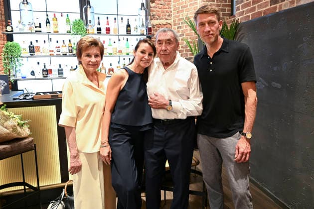 Eddy Merckx - Top Time Breitling Brussels, 30 06 2026 : Breitling pays tribute to Belgian cycling legend Eddy Merckx with a watch inspired by an era when the chronograph accompanied not only pilots and adventurers, but also road champions. Pix : Claudine Acou , Sabrina Merckx , Eddy Merckx , Axel Merckx . Credit : Peter De Smedt CC . Brussels Belgium  Copyright: xContentxCurationx PeterxDexSmedtx xCCx
