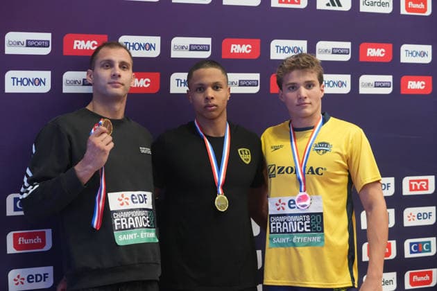 Natation - Championnat de France 30 06 2026 FINALES Roman Fuchs of AMIENS METROPOLE NATATION , CRISTOFINI Sauveur of G.F.C AJACCIO and LARGERON Pierre of CANET 66 NATATION during the Podium 200m Freestyle Men of the French Swimming Cha mpionships at the Raymond Sommet Olympic Pool in Saint-Etienne on June30, 2026 photos by Laurent Lairys , Saint EtienneFrance  Copyright: xLaurentxLairysx
