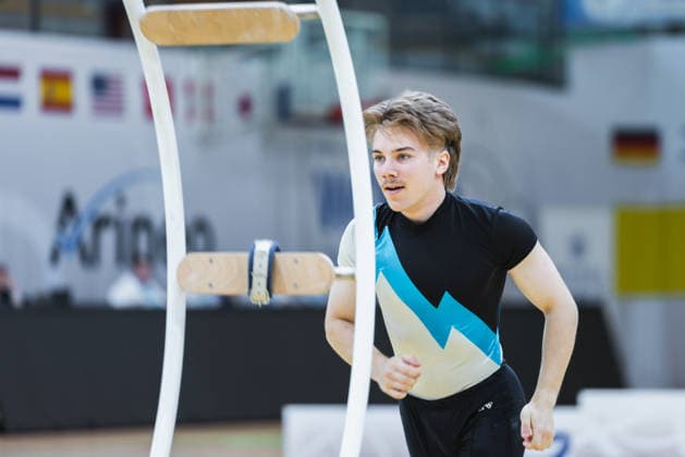 Wheel Gymnastics World Championships 2026 Rhönrad Weltmeisterschaft 2026. Deutschland, Göttingen am 01. Juli 2026: Tag eins der Weltmeisterschaft in Rhönrad mit über 250 Athletinnen und Athleten aus 17 Nationen. Im Bild: deutsche Rhönrad Turner Riccardo Radig bei der Geradeturnen Disziplin (Straight-line). *** 2026 World Championships in Wheel Gymnastics 2026 Rhönrad World Championships Germany, Göttingen on July 1, 2026—Day one of the Rhönrad World Championships with over 250 athletes from 17 nations. Pictured: German Rhönrad gymnast Riccardo Radig competing in the Straight Line discipline.