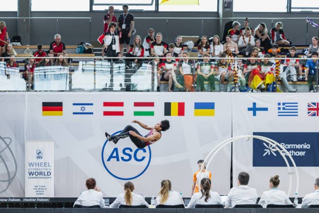 Wheel Gymnastics World Championships 2026 Rhönrad Weltmeisterschaft 2026. Deutschland, Göttingen am 01. Juli 2026: Tag eins der Weltmeisterschaft in Rhönrad mit über 250 Athletinnen und Athleten aus 17 Nationen. Im Bild: Der indischen Rhönrad Turner Aaryan Singh beim Sprung Disziplin (Vault). *** 2026 World Championships in Wheel Gymnastics, 2026 Rhönrad World Championships, Germany, Göttingen on July 1, 2026—Day one of the Rhönrad World Championships with over 250 athletes from 17 nations. Pictured: Indian Rhönrad gymnast Aaryan Singh during the vault event.