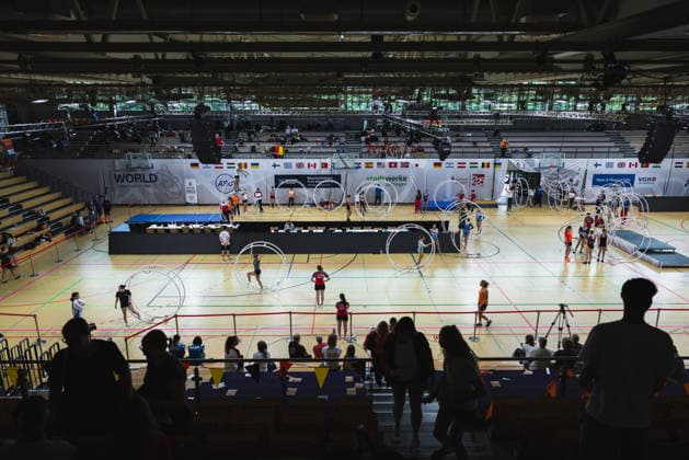 Wheel Gymnastics World Championships 2026 Rhönrad Weltmeisterschaft 2026. Deutschland, Göttingen am 01. Juli 2026: Tag eins der Weltmeisterschaft in Rhönrad mit über 250 Athletinnen und Athleten aus 17 Nationen. *** 2026 Wheel Gymnastics World Championships 2026 Rhönrad World Championships Germany, Göttingen, July 1, 2026 Day one of the Rhönrad World Championships, featuring over 250 athletes from 17 nations