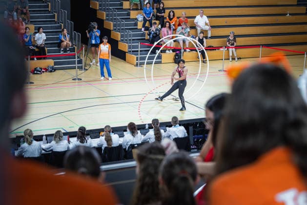 Wheel Gymnastics World Championships 2026 Rhönrad Weltmeisterschaft 2026. Deutschland, Göttingen am 01. Juli 2026: Tag eins der Weltmeisterschaft in Rhönrad mit über 250 Athletinnen und Athleten aus 17 Nationen. Im Bild: Der indischen Rhönrad Turner Aaryan Singh bei der Geradeturnen Disziplin (Straight-line). *** 2026 World Championships in Wheel Gymnastics, 2026 Rhönrad World Championships, Germany, Göttingen on July 1, 2026—Day one of the Rhönrad World Championships with over 250 athletes from 17 nations. Pictured: Indian Rhönrad gymnast Aaryan Singh competing in the Straight Line discipline.