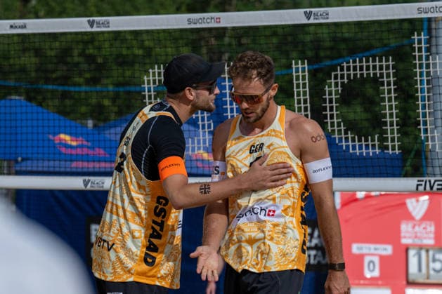 GSTAAD, SWITZERLAND - JULY 1: Jonas Sagstetter (Player No. 1, GER); Benedikt Sagstetter (Player No. 2, GER) during the Beach Pro Tour - Elite 16 at Gstaad on July 1, 2026 in Gstaad, Switzerland. Switzerland Copyright: xPeterxWeberx