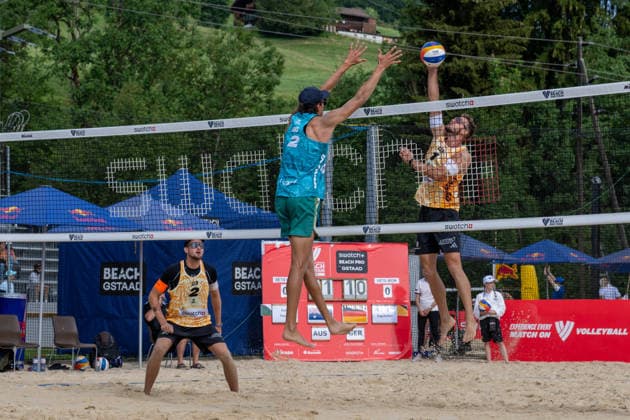 GSTAAD, SWITZERLAND - JULY 1: Jonas Sagstetter (Player No. 1, GER); Benedikt Sagstetter (Player No. 2, GER) during the Beach Pro Tour - Elite 16 at Gstaad on July 1, 2026 in Gstaad, Switzerland. Switzerland Copyright: xPeterxWeberx