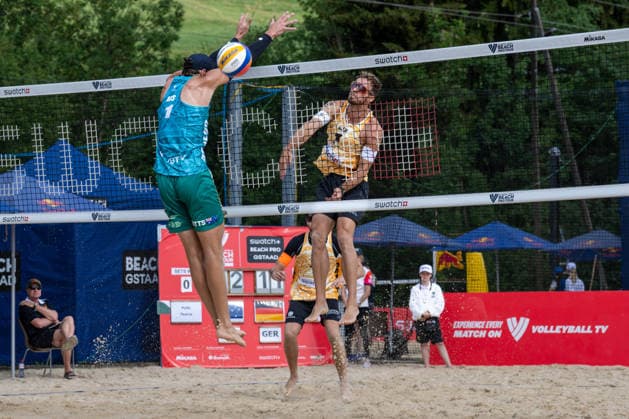 GSTAAD, SWITZERLAND - JULY 1: Jonas Sagstetter (Player No. 1, GER) during the Beach Pro Tour - Elite 16 at Gstaad on July 1, 2026 in Gstaad, Switzerland. Switzerland Copyright: xPeterxWeberx