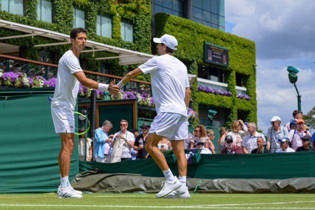 Day Three: The Championships - Wimbledon 2026 LONDON, ENGLAND JULY 01 - Marcelo Melo of Brazil and Andres Molteni of Argentina during Gentlemen s Doubles First Round against Austin Krajicek of United States and Nikola Mektic of Croatia at The Wimbledon Lawn Tennis Championship at Wimbledon on July 01, 2026 in London, England. (Photo by Keeran Marquis)  Copyright: xKeeranxMarquis Fotoarena SPPx Sportspressphoto_SPR181702