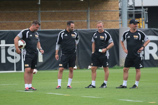 BERLIN, DEUTSCHLAND - JULY 1: Trainer Coach Mauro Lustrinelli (Union Berlin), -second from the right- and his coaching team, during the Training kick-off 1. FC Union Berlin at Training ground at Stadion an der Alten Foersterei on matchday 32 on July 1, 2026 in Berlin, Deutschland. DFB regulations prohibit any use of photographs as image sequences and or quasi video. Berlin Deutschland Copyright: xO.Frankex