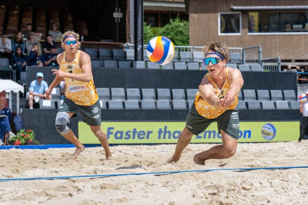 GSTAAD, SWITZERLAND - JULY 1: David Ahman (Player No. 1, SWE); Jonatan Hellvig (Player No. 2, SWE) during the Beach Pro Tour - Elite 16 at Gstaad on July 1, 2026 in Gstaad, Switzerland. Switzerland Copyright: xPeterxWeberx