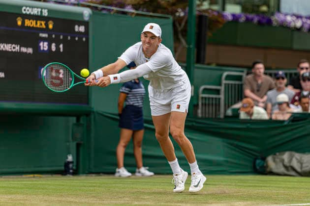 RECORD DATE NOT STATED 1st July 2026; All England Lawn Tennis and Croquet Club, London, England; Wimbledon Tennis Tournament, Day Three; Martin Damm (USA) plays a backhand in his second round match against Arthur Rinderknech (FRA) GodfreyxPitt