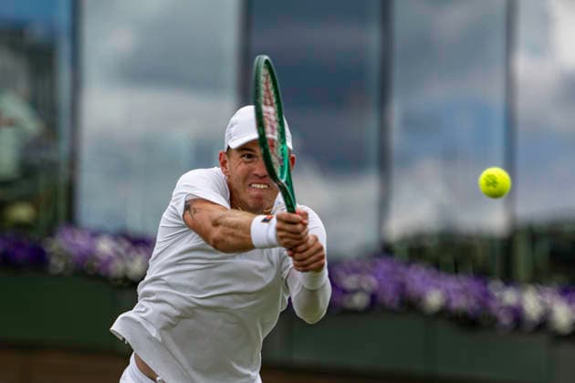 RECORD DATE NOT STATED 1st July 2026; All England Lawn Tennis and Croquet Club, London, England; Wimbledon Tennis Tournament, Day Three; Martin Damm (USA) plays a backhand in his second round match against Arthur Rinderknech (FRA) GodfreyxPitt