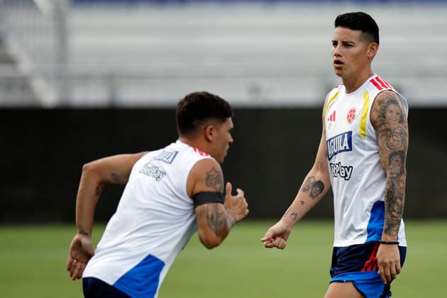 Colombia national team, Nationalteam player James Rodriguez (R) during a training session at Inter Miami CF Stadium in Fort Lauderdale, Florida, US, 1 July 2026. Colombia national team training session !ACHTUNG: NUR REDAKTIONELLE NUTZUNG!  Copyright: xAlbertoxEstévezx GRAF9307 20260701-55020768349_1