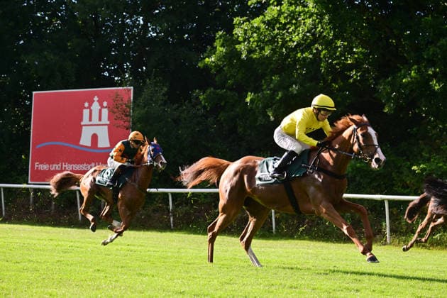 GER; DERBY-MEETING 2026: Hamburger Renn-Club 01.07.2026, GER; DERBY-MEETING 2026: Hamburger Renn-Club planzmich.de-Rennen im Bild das Feld nach dem Start mit dem Hamburg Schild im Hintergrund *** GER DERBY MEETING 2026 Hamburg Racing Club July 1, 2026, GER DERBY MEETING 2026 Hamburg Racing Club planzmich.de The race in pictures: the field after the start with the Hamburg sign in the background nordphotoxGmbH xWitke nph00002