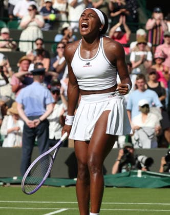 American Coco Gauff celebrates victory in her match against Argentinian Solana Sierra on day three of the 2026 Wimbledon Championships in London on Wednesday, June 01, 2026. Gauff won the match 6-3,3-6.7-6  LON2026070123 HUGOxPHILPOTT