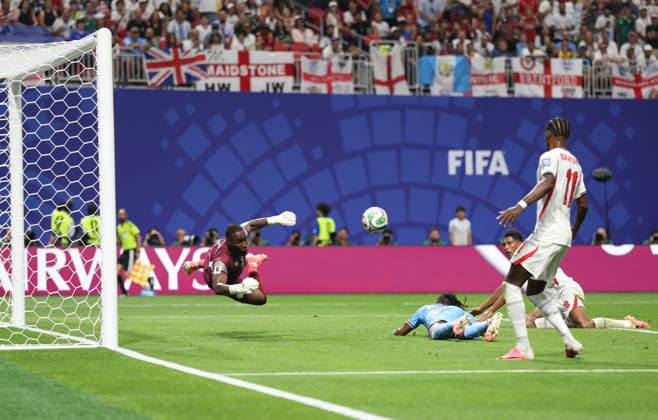 (260702) -- ATLANTA, July 2, 2026 -- Lionel Mpasi (1st L), goalkeeper of the Democratic Republic of the Congo (DRC) makes a save during the round of 32 match between England and the Democratic Republic of the Congo (DRC) at the 2026 FIFA World Cup, WM, Weltmeisterschaft, Fussball at Atlanta Stadium in Atlanta, the United States, July 1, 2026. ) (SP)U.S.-ATLANTA-FOOTBALL-FIFA WORLD CUP-ROUND OF 32-ENG VS COD XuxZijian 