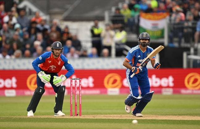 Captain Shreyas Iyer of India reaches 50 runs with a single England v India, Vitality IT20 Series, 1st T20, International Cricket, Banks Homes Riverside, Chester-le-Street, Durham, UK - 01 Jul 2026Chester-le-Street Banks Homes Riverside, Durham United Kingdom  Copyright: xGreigxCowie Shutterstockx 16971878ar