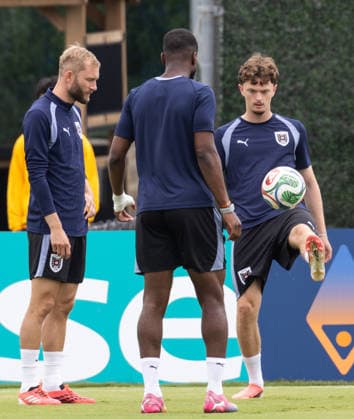 FOOTBALL - FIFA World Cup, WM, Weltmeisterschaft, Fussball 2026 SANTA BARBARA,CALIFORNIA,USA,01.JUL.26 - FOOTBALL - FIFA World Cup 2026, round of 32, Spain vs Austria, preview, training team AUT. Image shows Konrad Laimer, Kevin Danso and Paul Wanner (AUT).  GEPAxpictures xArminxRauthner