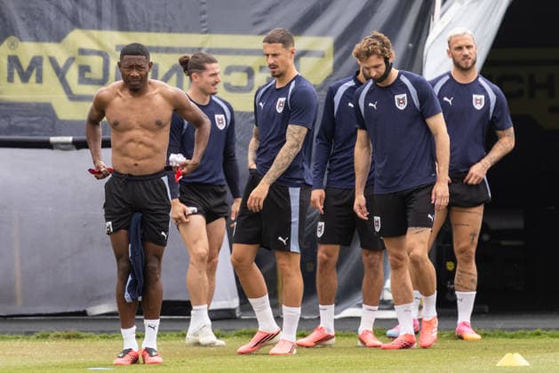FOOTBALL - FIFA World Cup, WM, Weltmeisterschaft, Fussball 2026 SANTA BARBARA,CALIFORNIA,USA,01.JUL.26 - FOOTBALL - FIFA World Cup 2026, round of 32, Spain vs Austria, preview, training team AUT. Image shows David Alaba, Marcel Sabitzer, Marco Friedl, Stefan Posch and Marko Arnautovic (AUT).  GEPAxpictures xArminxRauthner
