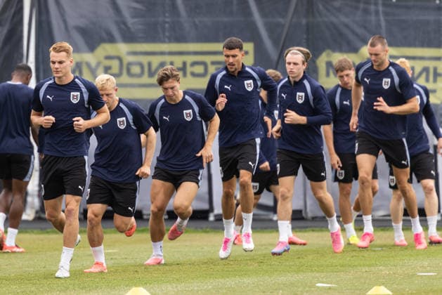 FOOTBALL - FIFA World Cup, WM, Weltmeisterschaft, Fussball 2026 SANTA BARBARA,CALIFORNIA,USA,01.JUL.26 - FOOTBALL - FIFA World Cup 2026, round of 32, Spain vs Austria, preview, training team AUT. Image shows Philipp Lienhart, Xaver Schlager, David Affengruber, Dejan Ljubicic, Patrick Wimmer and Sasa Kalajdzic (AUT).  GEPAxpictures xArminxRauthner