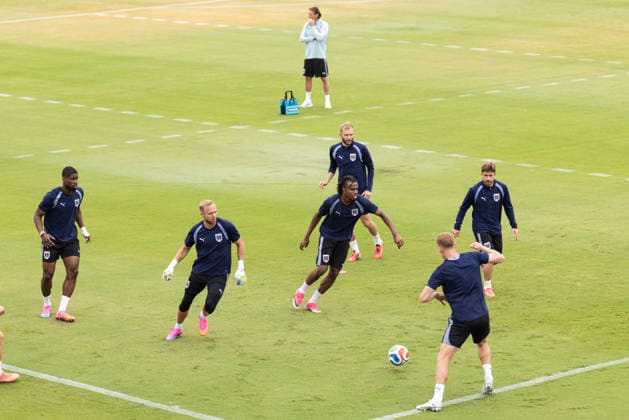 FOOTBALL - FIFA World Cup, WM, Weltmeisterschaft, Fussball 2026 SANTA BARBARA,CALIFORNIA,USA,01.JUL.26 - FOOTBALL - FIFA World Cup 2026, round of 32, Spain vs Austria, preview, training team AUT. Image shows Kevin Danso, Alexander Schlager, Carney Chukwuemeka, Konrad Laimer, Philipp Lienhart and Romano Schmid (AUT).  GEPAxpictures xArminxRauthner