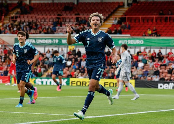 Wrexham, Wales, 1st July 2026. Montrell Culbreath of Germany celebrates scoring their sides second goal during the Wales U19 vs Germany U19 UEFA European U19 Championship match at The Racecourse, Wrexham. Picture credit should read: Cody Froggatt Sportimage EDITORIAL USE ONLY. No use with unauthorised audio, video, data, fixture lists, club league logos or live services. Online in-match use limited to 120 images, no video emulation. No use in betting, games or single club league player publications. SPI_023_CF_WALES_U19_V_GERMANY_U19 SPI-4854-0023