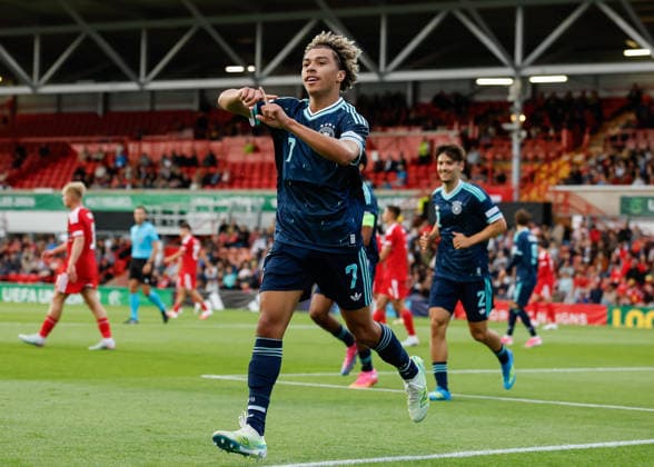 Wrexham, Wales, 1st July 2026. Montrell Culbreath of Germany celebrates scoring their sides second goal during the Wales U19 vs Germany U19 UEFA European U19 Championship match at The Racecourse, Wrexham. Picture credit should read: Cody Froggatt Sportimage EDITORIAL USE ONLY. No use with unauthorised audio, video, data, fixture lists, club league logos or live services. Online in-match use limited to 120 images, no video emulation. No use in betting, games or single club league player publications. SPI_025_CF_WALES_U19_V_GERMANY_U19 SPI-4854-0025