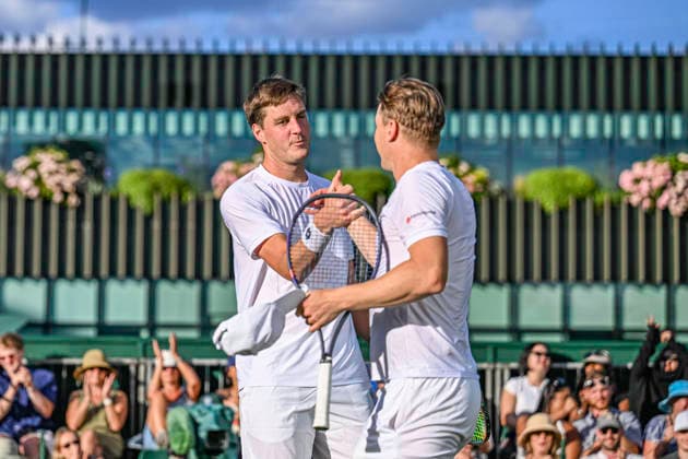 RECORD DATE NOT STATED 1st July 2026; All England Lawn Tennis and Croquet Club, London, England; Wimbledon Tennis Tournament, Day Three; Harri Heliovaara (FIN) celebrates with Henry Patten (GBR) after winning their first round match against Terence Atmane (FRA) and Luca Sanchez (FRA) GodfreyxPitt