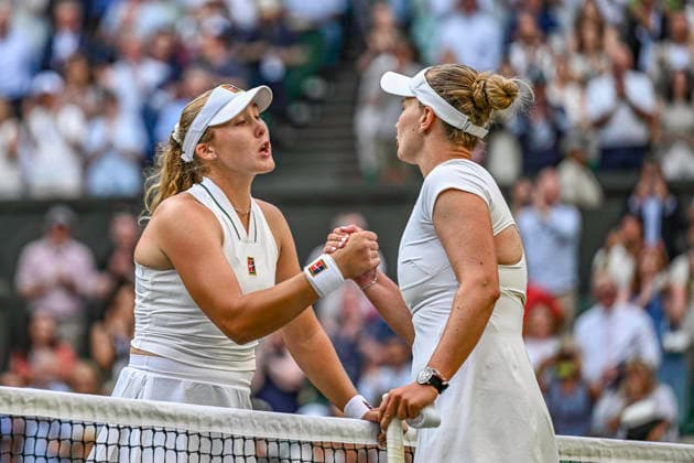 RECORD DATE NOT STATED 1st July 2026; All England Lawn Tennis and Croquet Club, London, England; Wimbledon Tennis Tournament, Day Three; Mirra Andreeva congratulates Barbora Krejcikova (CZE) on her victory in their second round match GodfreyxPitt