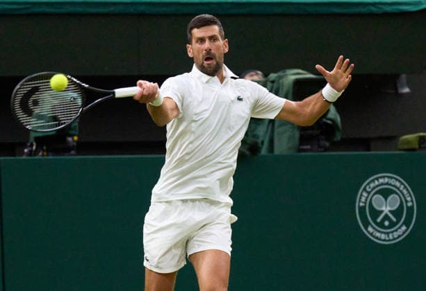 2026 Wimbledon, July 01, Day 3 LONDON, - JULY 1: Novak Djokovic of Serbia plays a shot against Stefanos Tsitsipas of Greece on Centre Court during the 2026 Wimbledon, July 01, Day 3 at The all England club, Wimbledon on July 1, 2026 in London,GBR. London The all England club, Wimbledon GBR Copyright: xPeterxvanxdenxBerg ISIxPhotosx 9441