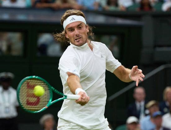 2026 Wimbledon, July 01, Day 3 LONDON, - JULY 1: Stefanos Tsitsipas of Greece plays a shot against Novak Djokovic of Serbia on Centre Court during the 2026 Wimbledon, July 01, Day 3 at The all England club, Wimbledon on July 1, 2026 in London,GBR. London The all England club, Wimbledon GBR Copyright: xPeterxvanxdenxBerg ISIxPhotosx 9441