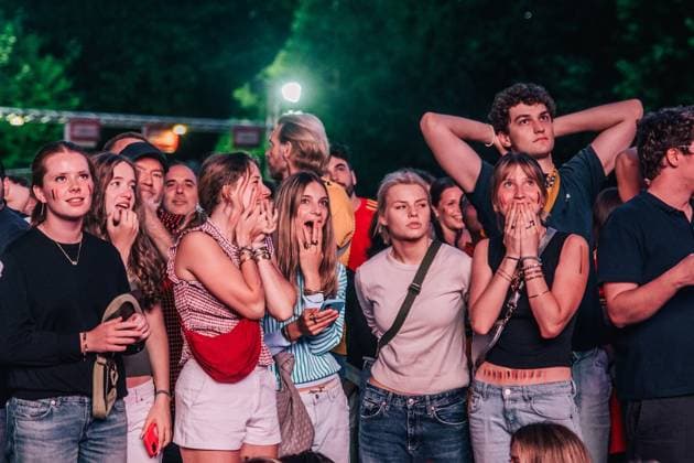 Belgian fans and supporters looks dejected during a soccer game between Belgian national team, Nationalteam Red Devils and Senegal at the 2026 World Cup, on Wednesday 01 July 2026, at Place Dumont, in Stockel, Brussels. EMILExWINDAL  x180117665x