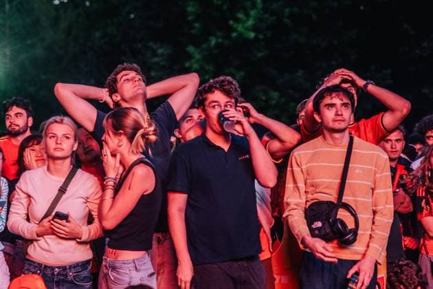 Belgian fans and supporters look dejected during a soccer game between Belgian national team, Nationalteam Red Devils and Senegal at the 2026 World Cup, on Wednesday 01 July 2026, at Place Dumont, in Stockel, Brussels. EMILExWINDAL  x180117720x