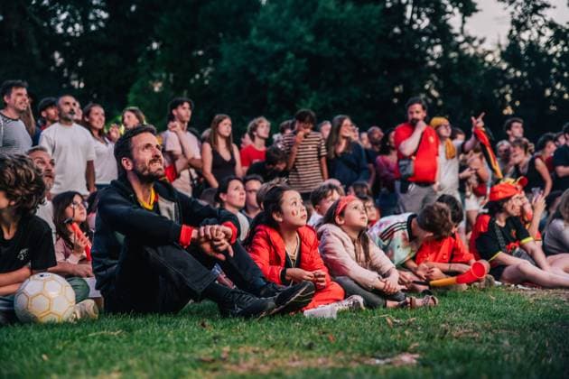 Belgian fans and supporters pictured during a soccer game between Belgian national team, Nationalteam Red Devils and Senegal at the 2026 World Cup, on Wednesday 01 July 2026, at Place Dumont, in Stockel, Brussels. EMILExWINDAL  x180117571x