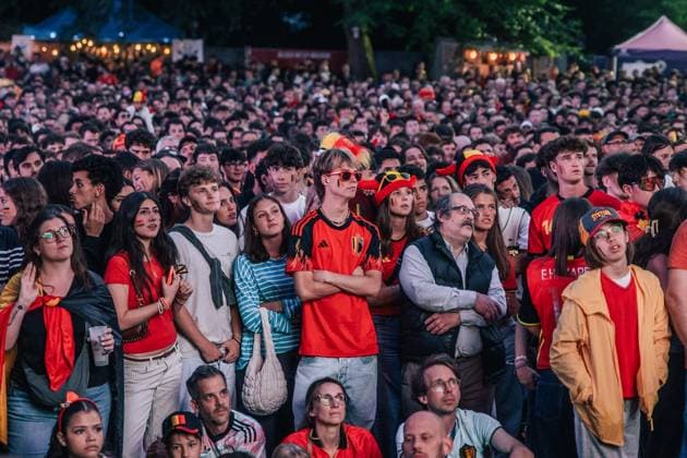 Belgian fans and supporters pictured during a soccer game between Belgian national team, Nationalteam Red Devils and Senegal at the 2026 World Cup, on Wednesday 01 July 2026, at Place Dumont, in Stockel, Brussels. EMILExWINDAL  x180117846x
