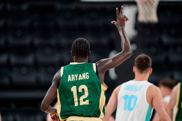 Slovenia v Australia - Round of 16 - FIBA U17, U 17 Basketball World Cup 2026 John Aryang of Australia gestures to celebrate his three points during the FIBA U17 Basketball World Cup Round of 16 game between Slovenia and Australia at BDC Main Venue in Istanbul, Turkey, on July 1, 2026. Istanbul Istanbul Turkey  Copyright: xYagizxGurtugx originalFilename:gurtug-slovenia260701_npcgc.jpg