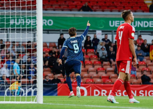 Wrexham, Wales, 1st July 2026. Otto Stange of Germany celebrates scoring their sides third goal during the Wales U19 vs Germany U19 UEFA European U19 Championship match at The Racecourse, Wrexham. Picture credit should read: Cody Froggatt Sportimage EDITORIAL USE ONLY. No use with unauthorised audio, video, data, fixture lists, club league logos or live services. Online in-match use limited to 120 images, no video emulation. No use in betting, games or single club league player publications. SPI_031_CF_WALES_U19_V_GERMANY_U19 SPI-4854-0031