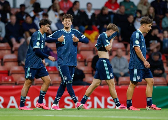 Wrexham, Wales, 1st July 2026. Otto Stange of Germany celebrates scoring their sides third goal during the Wales U19 vs Germany U19 UEFA European U19 Championship match at The Racecourse, Wrexham. Picture credit should read: Cody Froggatt Sportimage EDITORIAL USE ONLY. No use with unauthorised audio, video, data, fixture lists, club league logos or live services. Online in-match use limited to 120 images, no video emulation. No use in betting, games or single club league player publications. SPI_032_CF_WALES_U19_V_GERMANY_U19 SPI-4854-0032