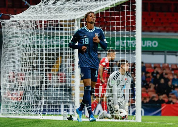 Wrexham, Wales, 1st July 2026. Jykese Fields of Germany celebrates scoring their sides fourth goal during the Wales U19 vs Germany U19 UEFA European U19 Championship match at The Racecourse, Wrexham. Picture credit should read: Cody Froggatt Sportimage EDITORIAL USE ONLY. No use with unauthorised audio, video, data, fixture lists, club league logos or live services. Online in-match use limited to 120 images, no video emulation. No use in betting, games or single club league player publications. SPI_036_CF_WALES_U19_V_GERMANY_U19 SPI-4854-0036