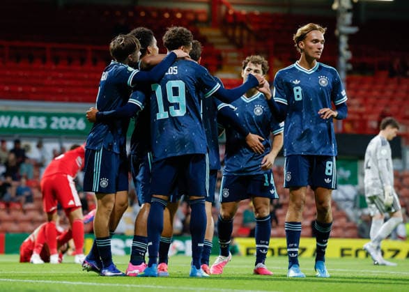 Wrexham, Wales, 1st July 2026. Jykese Fields of Germany celebrates scoring their sides fourth goal during the Wales U19 vs Germany U19 UEFA European U19 Championship match at The Racecourse, Wrexham. Picture credit should read: Cody Froggatt Sportimage EDITORIAL USE ONLY. No use with unauthorised audio, video, data, fixture lists, club league logos or live services. Online in-match use limited to 120 images, no video emulation. No use in betting, games or single club league player publications. SPI_037_CF_WALES_U19_V_GERMANY_U19 SPI-4854-0037
