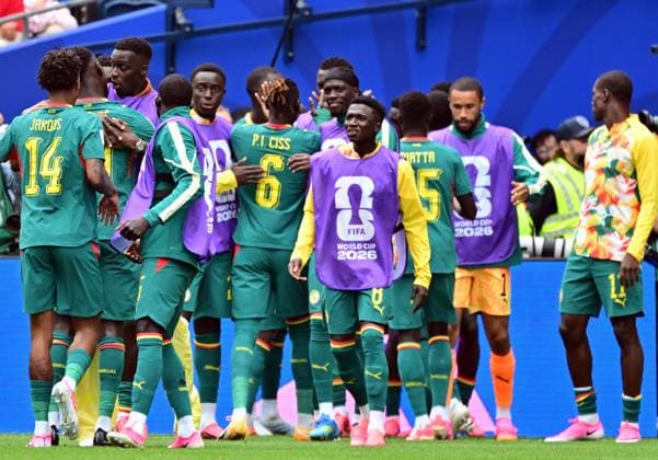Senegal s players celebrate after scoring during a soccer game between Belgian national team, Nationalteam Red Devils and Senegal, on Wednesday 01 July 2026, at the Seattle Field, in Seattle, a 1 16 finals game in the FIFA World Cup, WM, Weltmeisterschaft, Fussball 2026. DIRKxWAEM  x180122097x