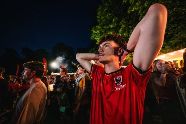 Belgian fans look dejected during a soccer game between Belgian national team, Nationalteam Red Devils and Senegal at the 2026 World Cup, on Wednesday 01 July 2026, at Place Dumont, in Stockel, Brussels. EMILExWINDAL  x180122164x