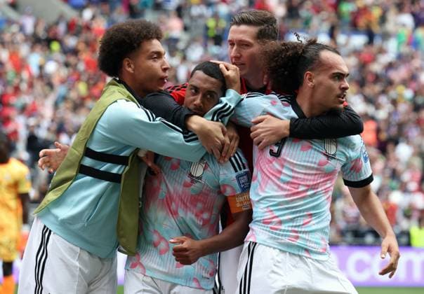 Belgium s Axel Witsel, Belgium s Youri Tielemans, Belgium s Hans Vanaken and Belgium s Arthur Theate celebrate after scoring during a soccer game between Belgian national team, Nationalteam Red Devils and Senegal, on Wednesday 01 July 2026, at the Seattle Field, in Seattle, a 1 16 finals game in the FIFA World Cup, WM, Weltmeisterschaft, Fussball 2026. BRUNOxFAHY  x180123085x