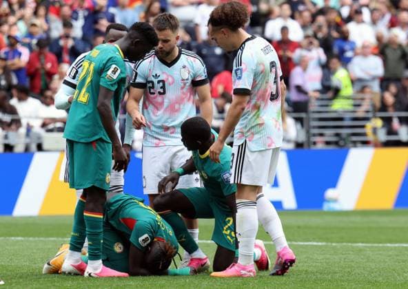 Senegal s Pathe Ciss lays on the field during a soccer game between Belgian national team, Nationalteam Red Devils and Senegal, on Wednesday 01 July 2026, at the Seattle Field, in Seattle, a 1 16 finals game in the FIFA World Cup, WM, Weltmeisterschaft, Fussball 2026. BRUNOxFAHY  x180126587x