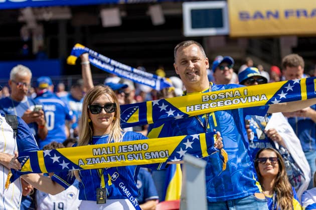 SANTA CLARA, CA - JULY 01: Bosnia and Herzegovina fans before the FIFA World Cup, WM, Weltmeisterschaft, Fussball round of 32 match between the United States (USA) and Bosnia and Herzegovina on July 1, 2026 at San Francisco Bay Area Stadium in Santa Clara, CA. (Photo by Bob Kupbens Icon Sportswire) SOCCER: JUL 01 FIFA World Cup 26 Round of 32 - USA v Bosnia and Herzegovina EDITORIAL USE ONLY Icon260701006