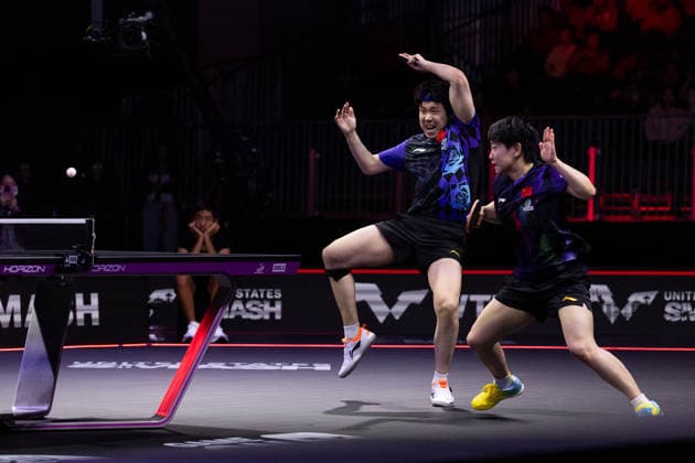 LOS ANGELES, CALIFORNIA - JULY 01: Wang Chuqin and Sun Yingsha of China compete in the Mixed Doubles Quarterfinal match against Alexis Lebrun of France and Satsuki Odo of Japan on day 6 of United States Smash 2026 at Ontario Convention Center on July 1, 2026 in Los Angeles, California.  Copyright: xVCGx 111651741636
