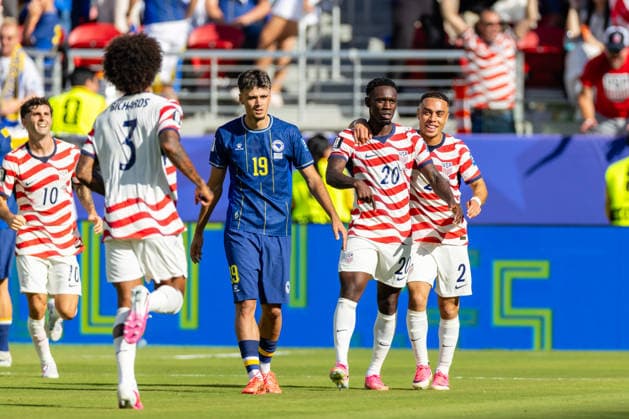 SANTA CLARA, CA - JULY 01: Folarin Balogun 20 of United States of America celebrates a goal with Sergino Dest 2 during the FIFA World Cup, WM, Weltmeisterschaft, Fussball 2026 Round of 32 match between United States of America and Bosnia and Herzegovina on July 1, 2026 at San Francisco Bay Area Stadium in Santa Clara, CA. (Photo by Matthew Huang Icon Sportswire) SOCCER: JUL 01 FIFA World Cup 26 Round of 32 - USA v Bosnia and Herzegovina EDITORIAL USE ONLY Icon260701022