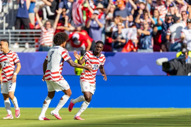 SANTA CLARA, CA - JULY 01: Folarin Balogun 20 of United States of America celebrates a goal with Chris Richards 3 during the FIFA World Cup, WM, Weltmeisterschaft, Fussball 2026 Round of 32 match between United States of America and Bosnia and Herzegovina on July 1, 2026 at San Francisco Bay Area Stadium in Santa Clara, CA. (Photo by Matthew Huang Icon Sportswire) SOCCER: JUL 01 FIFA World Cup 26 Round of 32 - USA v Bosnia and Herzegovina EDITORIAL USE ONLY Icon260701023