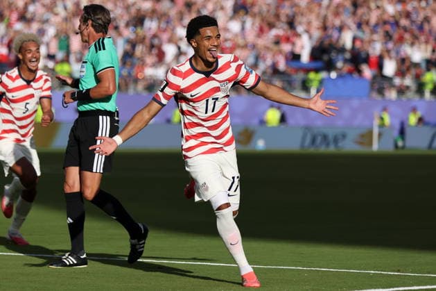 FIFA World Cup, WM, Weltmeisterschaft, Fussball 2026 - Round of 32 - USA vs Bosnia and Herzegovina Malik Tillman of USA celebrates scoring the 2-0 goal during the FIFA World Cup 2026 Round of 32 match USA against Bosnia and Herzegovina, in San Francisco, Califronia, USA, 01 July 2026. SANTA CLARA United States  Copyright: xBENJAMINxFANJOYx