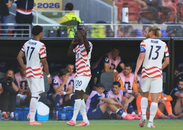 SANTA CLARA, CALIFORNIA - JULY 1: Folarin Balogun of United States celebrates after scoring his teams first goal during the FIFA World Cup, WM, Weltmeisterschaft, Fussball 2026 Round Of 32 match between USA and Bosnia and Herzegovina at San Francisco Bay Area Stadium on July 1, 2026 in Santa Clara, United States.  Copyright: xMBxMediax
